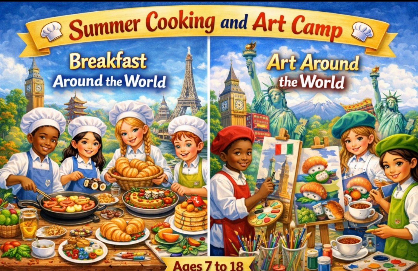 Full-Day Youth Summer Camp: Around the World -Cooking Breakfast & Mixed Media Art (Ages 7-13)