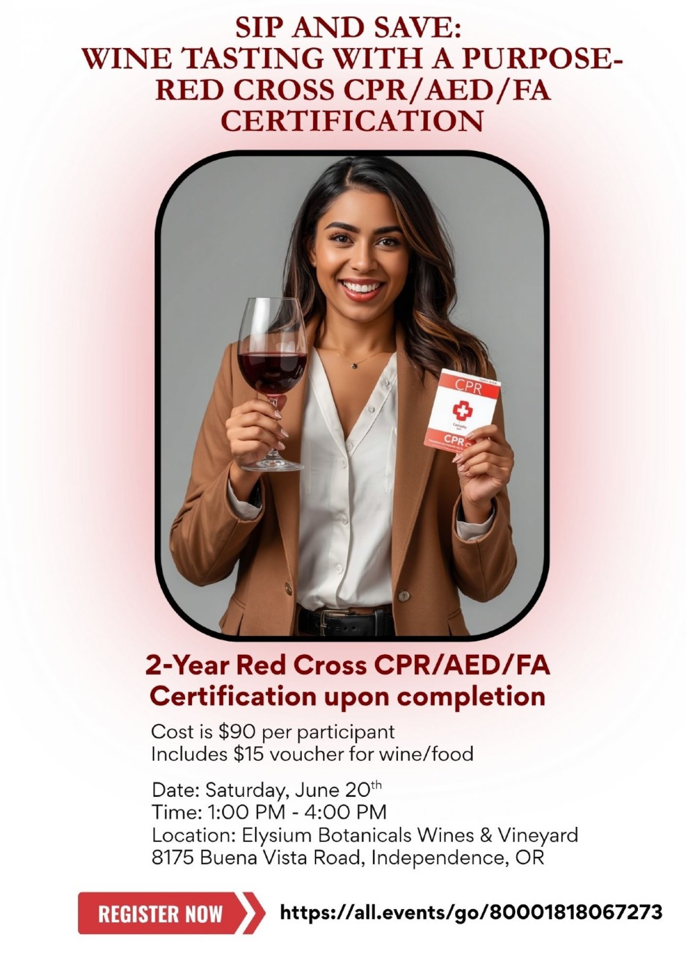 Sip and Save: Wine Tasting with a Purpose- Red Cross CPR/AED/FA Certification