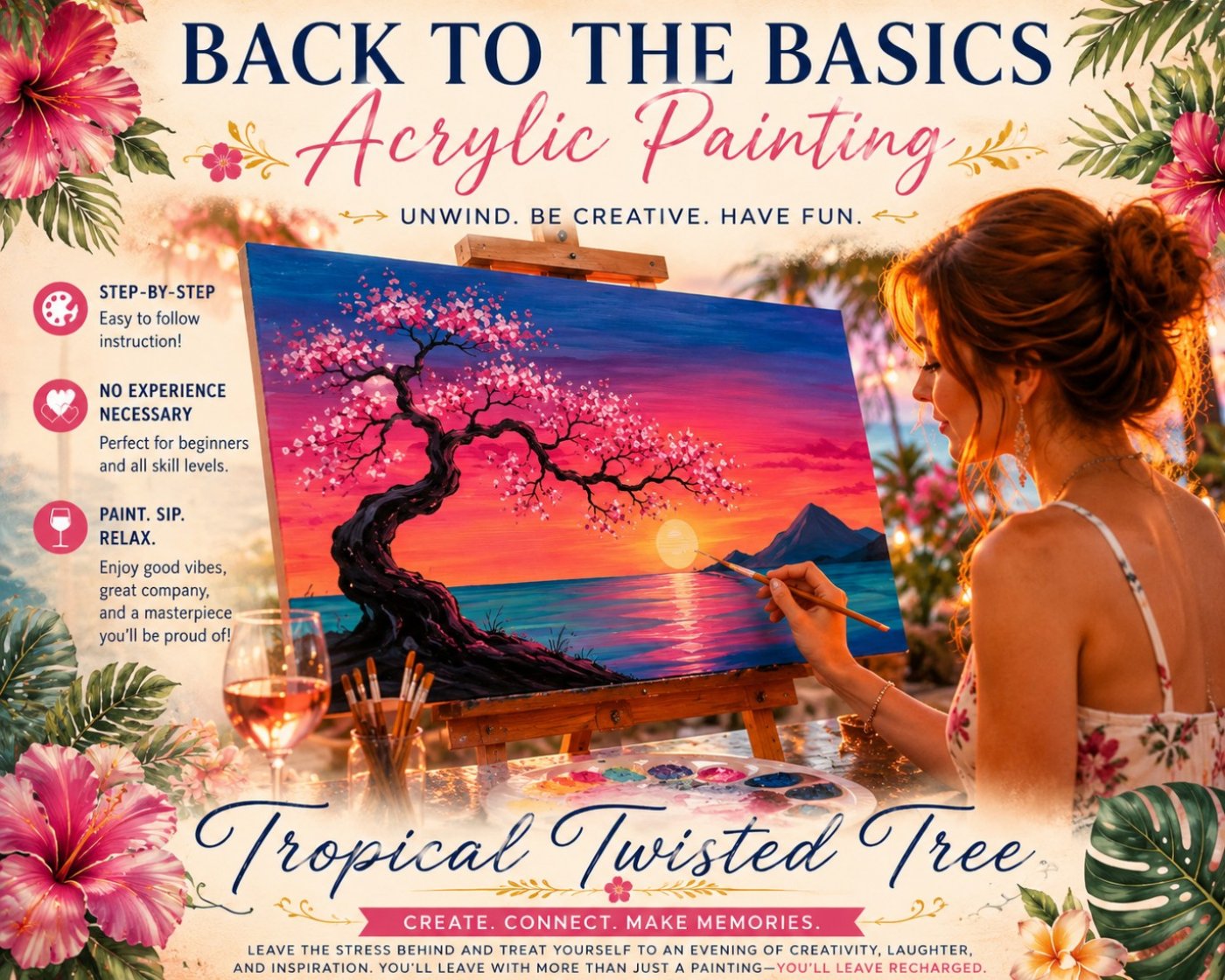 Paint & Sip Beginner Painting at North Street Smokehouse – Tropical Twisted Tree Acrylic