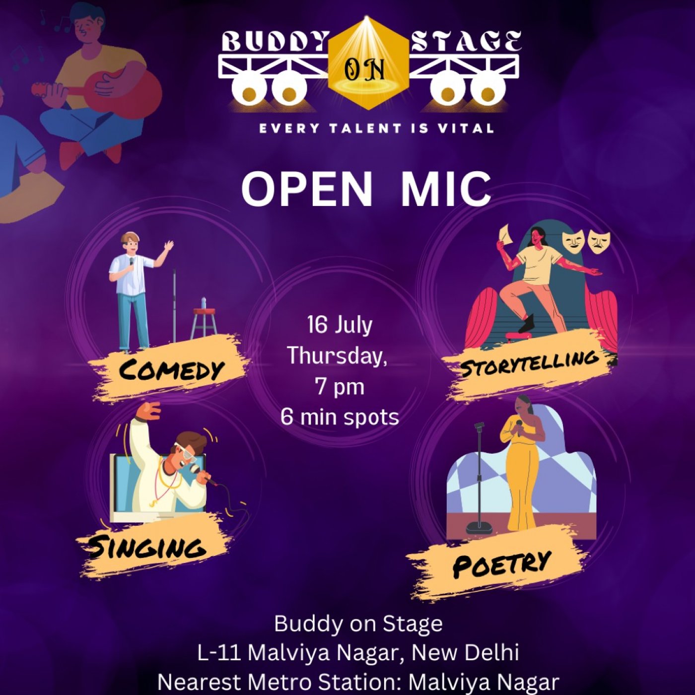 Open Mic for Comedy, Poetry, Storytelling, Singing - 16th July 7 PM