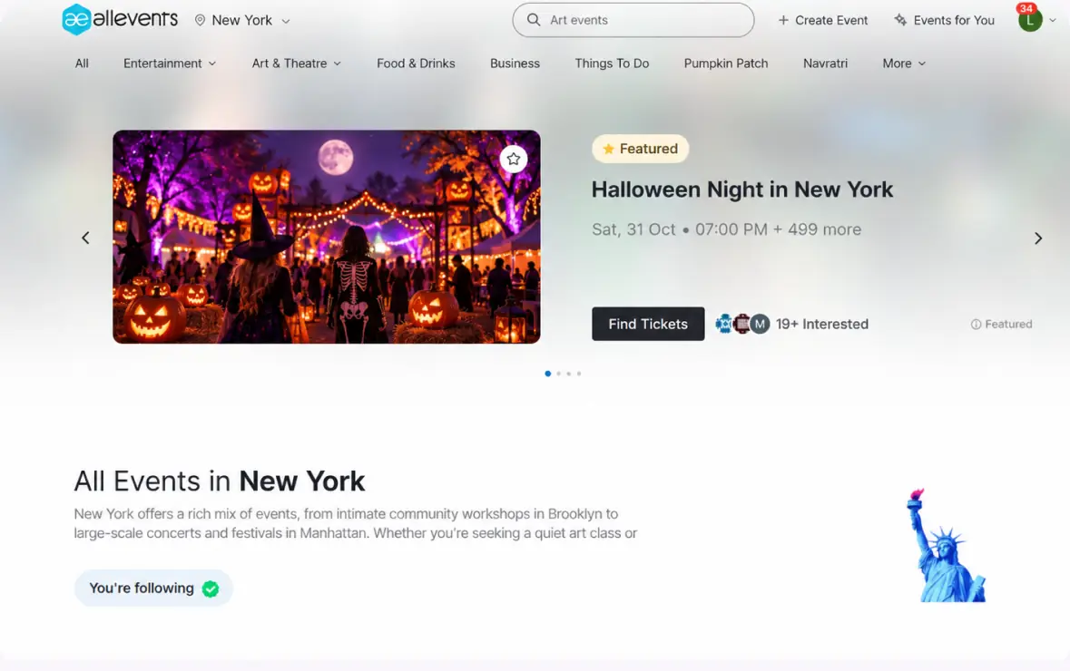 AllEvents New York homepage with a featured Halloween event