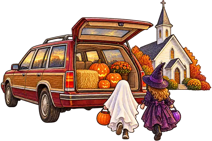 A 1990s station wagon with its tailgate open outside a small white church, children in costume walking up to it