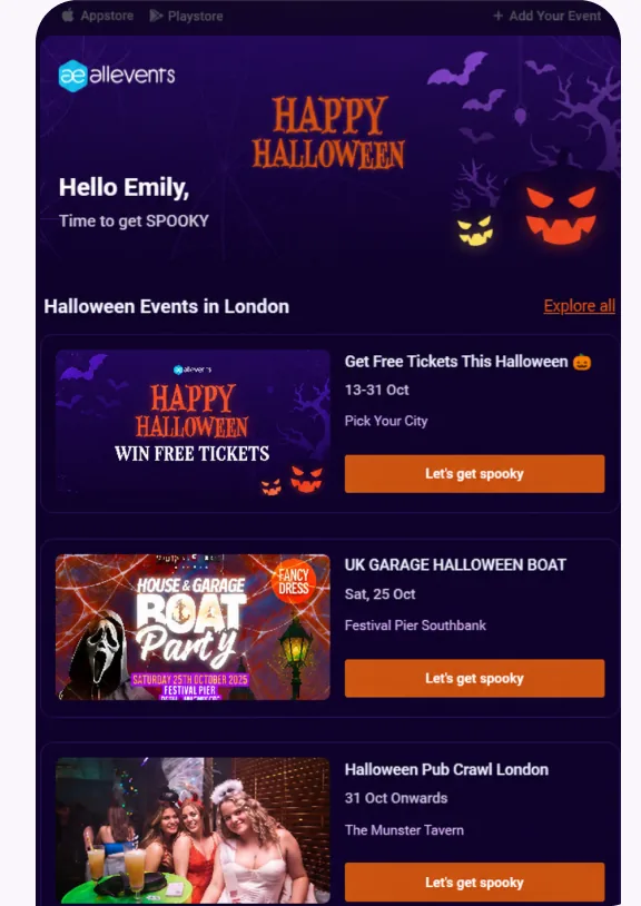 AllEvents Halloween newsletter email