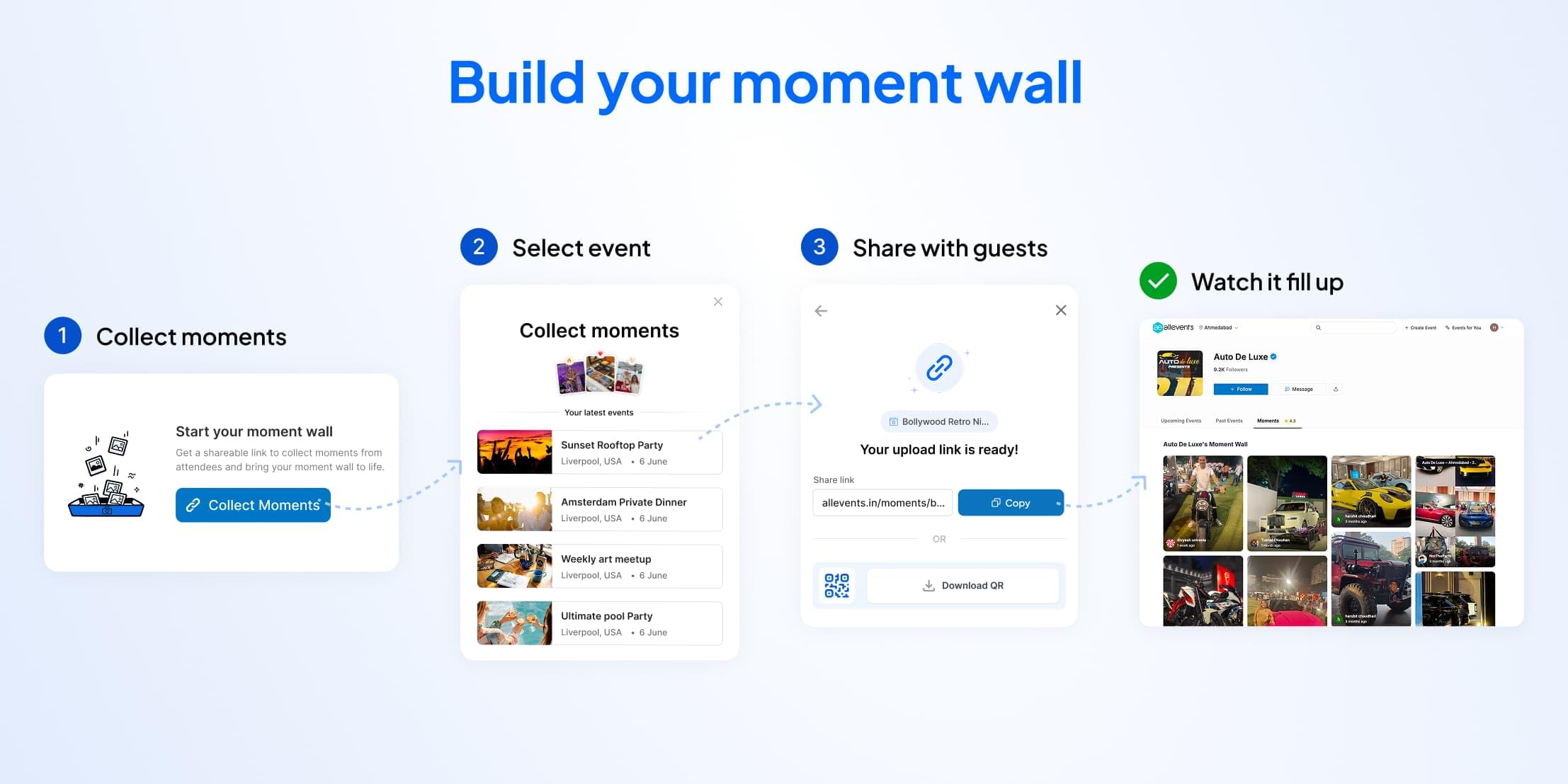 Mock of the AllEvents dashboard card for collecting more event photos, showing a QR code, a copyable shareable link, and share-to-Instagram, WhatsApp, copy, and download options