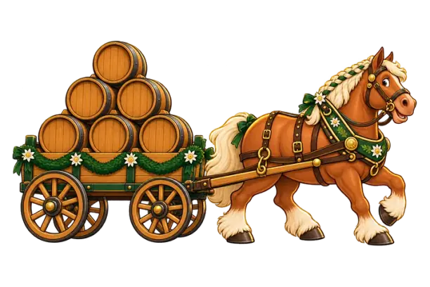 A horse-drawn brewery wagon carrying six barrels