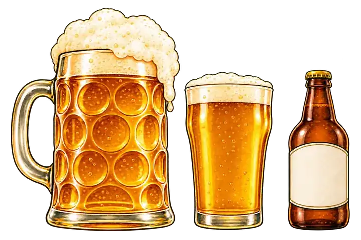 A one-litre Maß beside a US pint glass and a 330 ml bottle