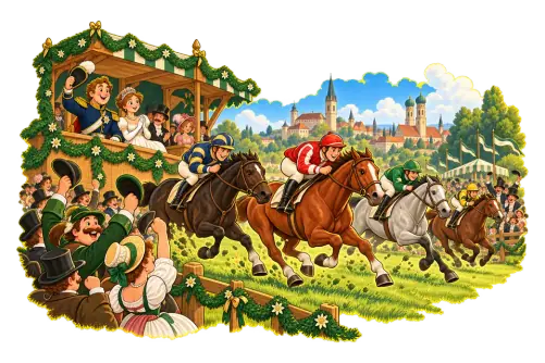 A horse race on a Munich meadow in 1810, watched by a royal couple and a cheering crowd