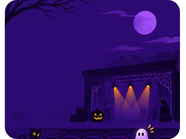 Illustrated Halloween stage under a full moon