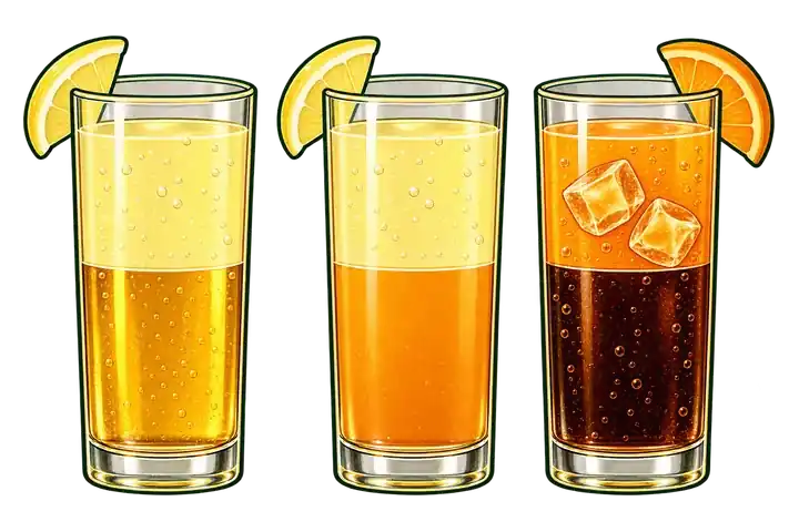 Three glasses: lager with lemonade, wheat beer with lemonade, and cola with orange soda