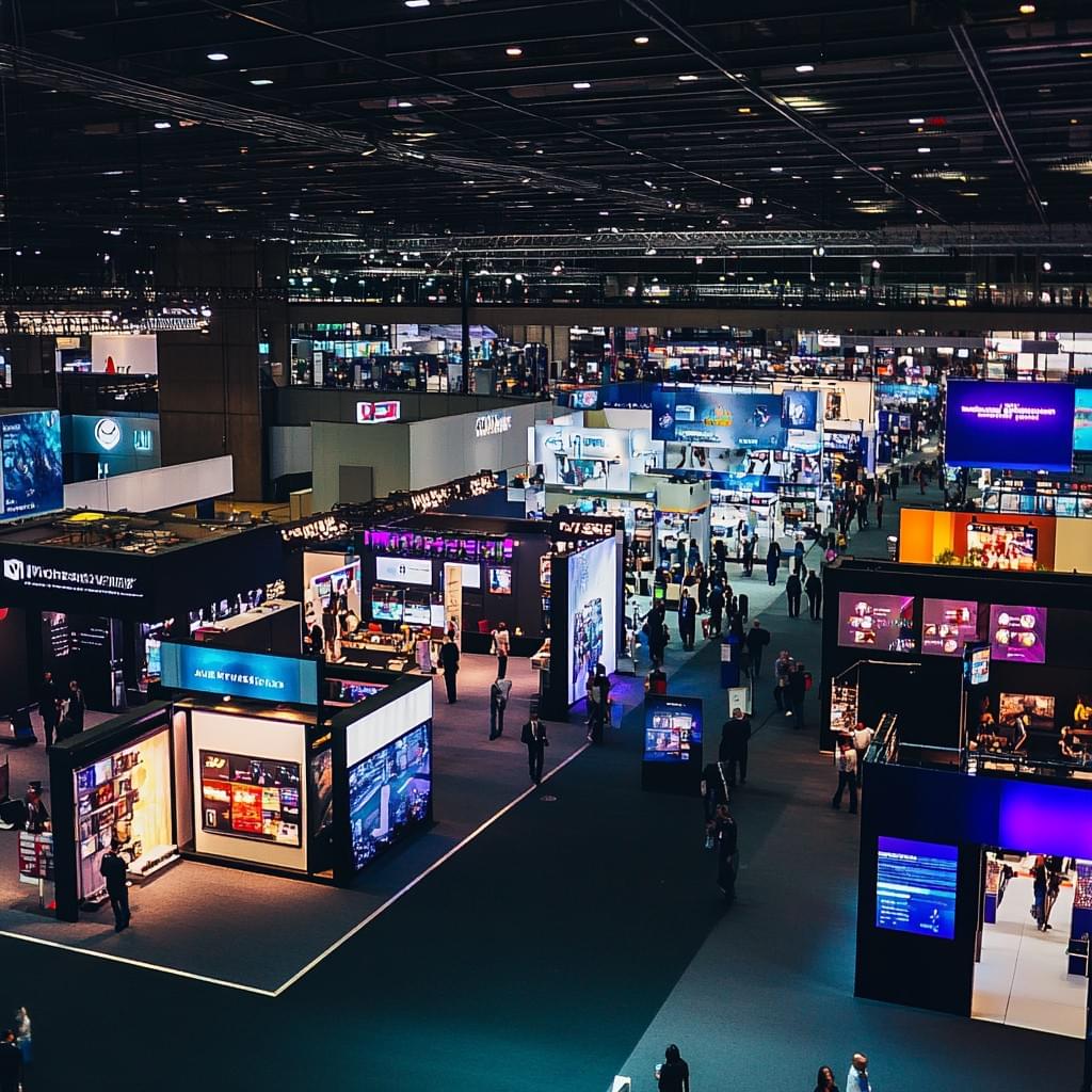 Attendees walking the aisles of a busy trade show exhibition hall